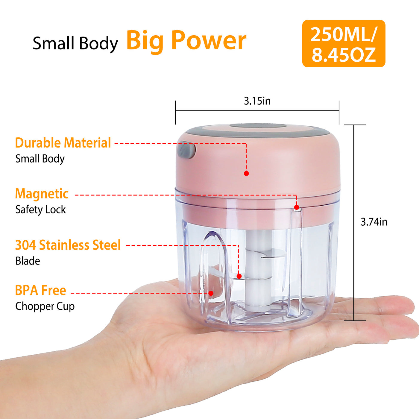 Mini Electric Garlic Chopper 8.45OZ Cordless Garlic Mincer Food Chopper Rechargeable Food Blender Chili Nut Onion Pepper Meat Ginger Food